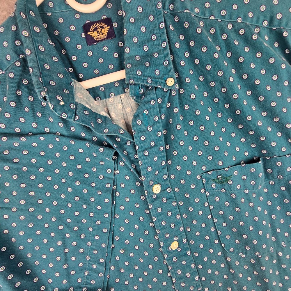 Vintage 90s Dockers Geometric Medallion Shirt L Teal Blue Short Sleeve 1998